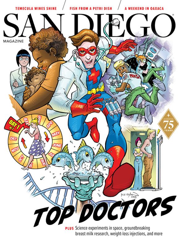 San Diego Magazine cover featuring superheroes and doctors.